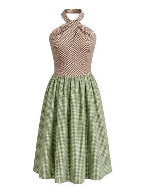 Gal Meets Glam Alma Gingham Halter Midi Dress Green Brown Cottagecore Pockets